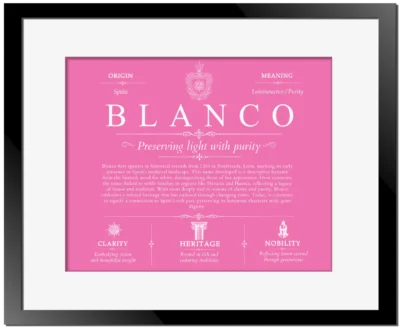 Blanco last name history and origin in Pink with Black Matte Frame