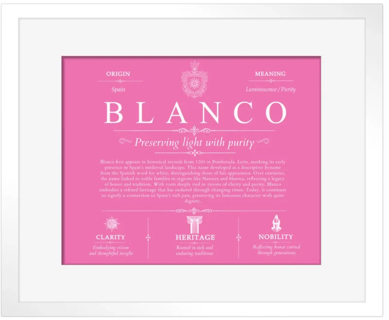 Blanco last name history and origin in Pink with White Matte Frame