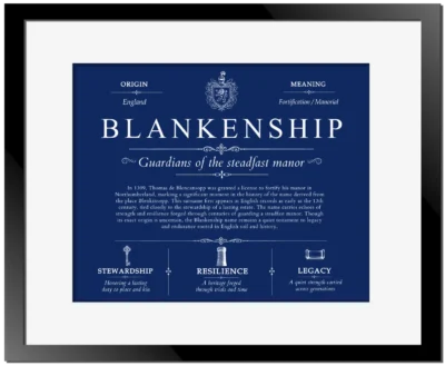 Blankenship surname origin and family heritage in Deep Blue with Black Matte Frame