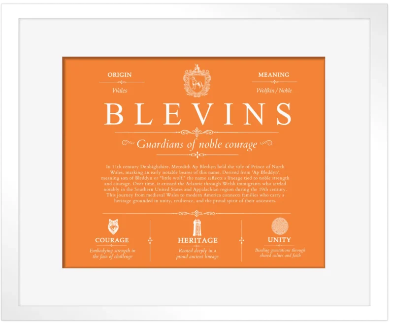 Blevins surname history and family heritage in Orange with White Matte Frame