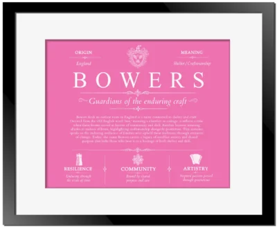 Bowers surname meaning history and origin in Pink with Black Matte Frame