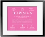 Bowman surname history and family heritage in Pink with Black Matte Frame