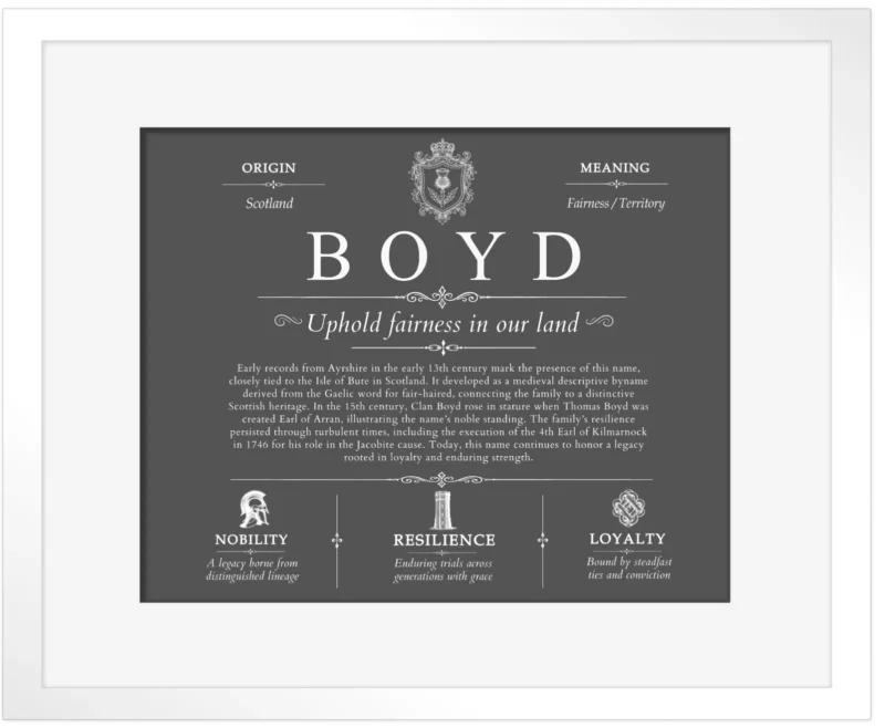 Boyd surname heritage and history in Gray with White Matte Frame