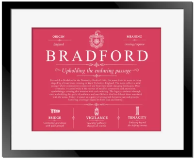 Bradford last name history and origin in Red with Black Matte Frame