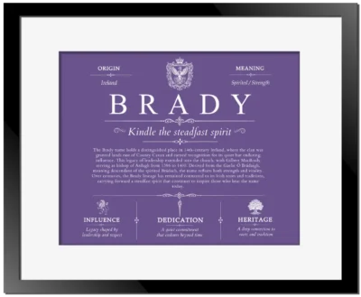 Brady surname meaning history and origin in Purple with Black Matte Frame