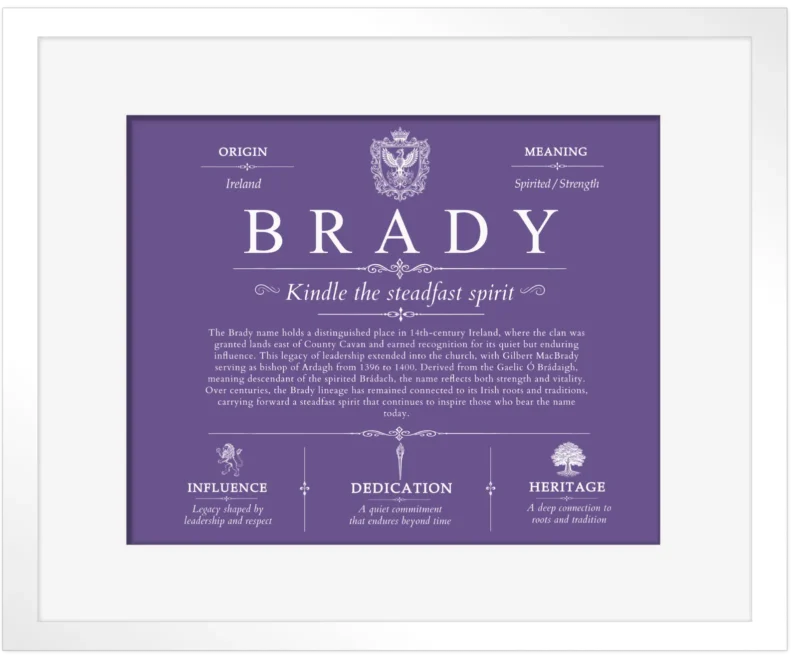 Brady surname meaning history and origin in Purple with White Matte Frame