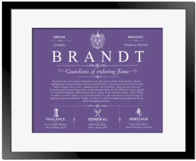 Brandt surname history and family heritage in Purple with Black Matte Frame