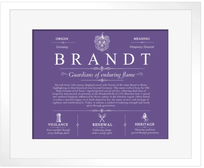 Brandt surname history and family heritage in Purple with White Matte Frame