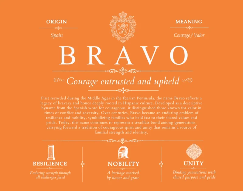 Bravo personalized last name meaning in Orange