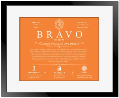 Bravo personalized last name meaning in Orange with Black Matte Frame