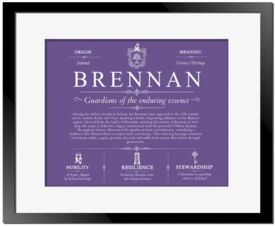 Brennan personalized family surname in Purple with Black Matte Frame