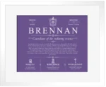Brennan personalized family surname in Purple with White Matte Frame
