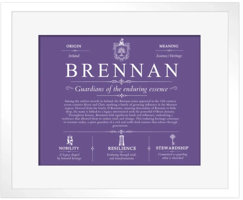 Brennan personalized family surname in Purple with White Matte Frame