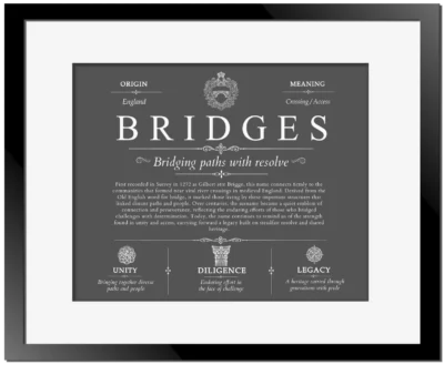 Bridges surname origin and history in Gray with Black Matte Frame