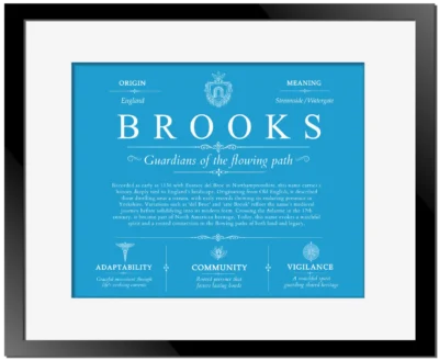 Brooks surname meaning origin and heritage in Blue with Black Matte Frame