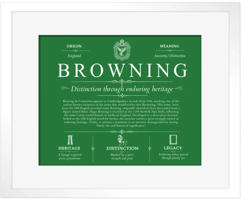 Browning surname origin and history in Dark Green with White Matte Frame