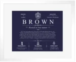 Brown family name meaning and history in Navy Blue with White Matte Frame