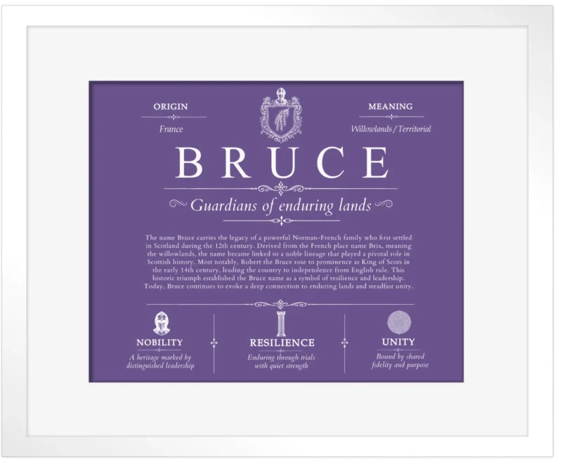 Bruce personalized last name meaning in Purple with White Matte Frame