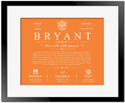 Bryant family name heritage in Orange with Black Matte Frame