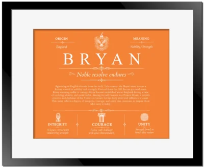 Bryan surname meaning origin and heritage in Orange with Black Matte Frame