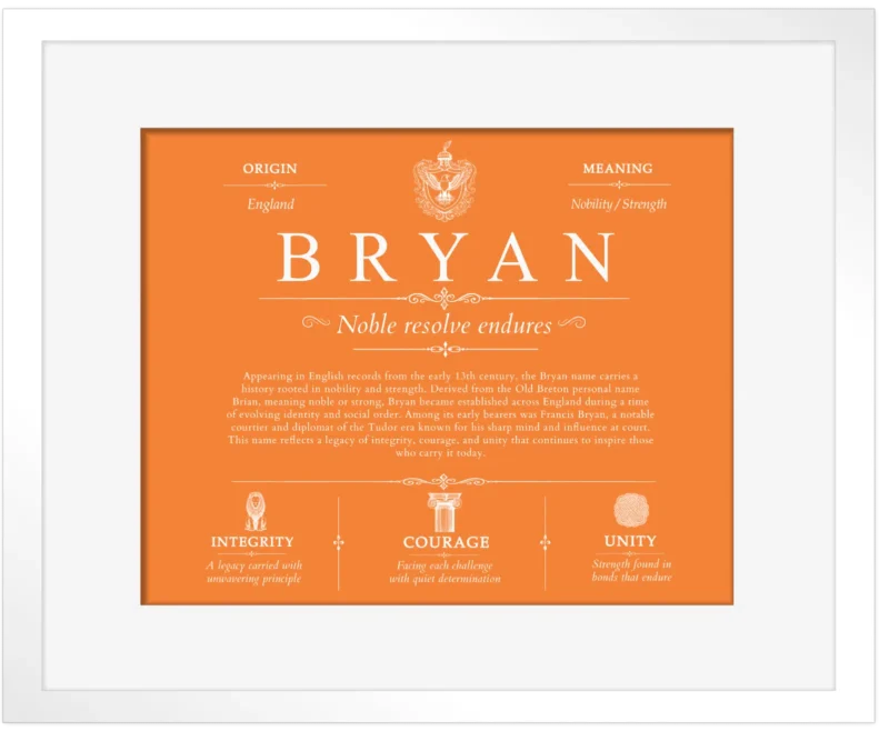 Bryan surname meaning origin and heritage in Orange with White Matte Frame
