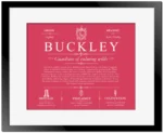 Buckley surname history and family heritage in Red with Black Matte Frame