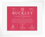 Buckley surname history and family heritage in Red with White Matte Frame