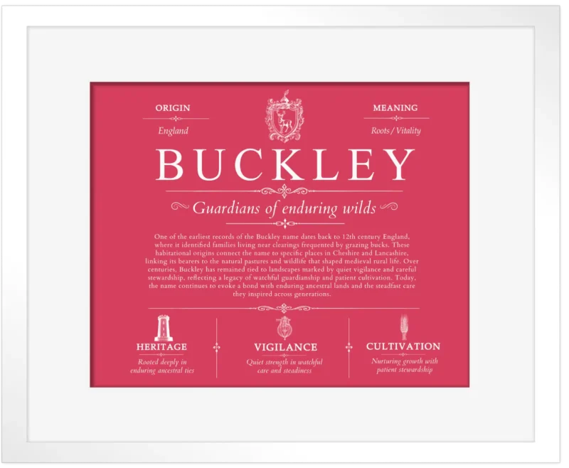 Buckley surname history and family heritage in Red with White Matte Frame