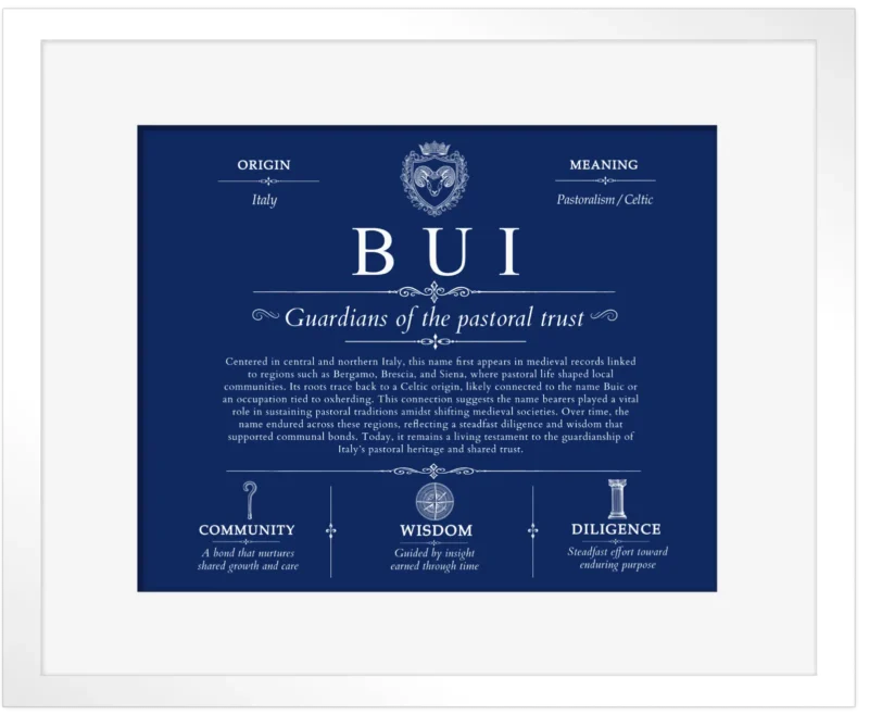 Bui surname origin and history in Deep Blue with White Matte Frame