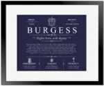 Burgess last name history and origin in Navy Blue with Black Matte Frame