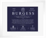 Burgess last name history and origin in Navy Blue with White Matte Frame