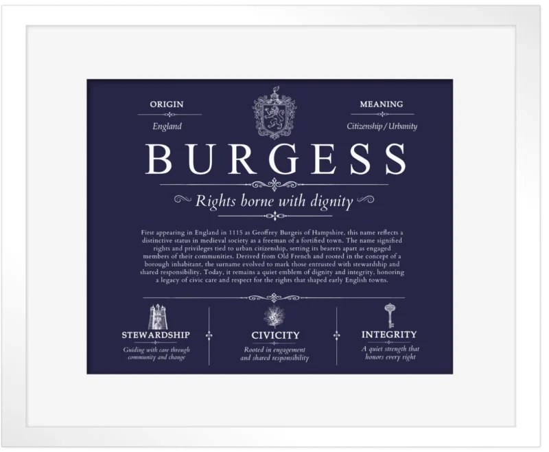 Burgess last name history and origin in Navy Blue with White Matte Frame