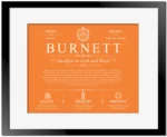 Burnett last name origin and heritage in Orange with Black Matte Frame