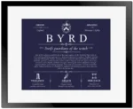 Byrd family name origin and history in Navy Blue with Black Matte Frame