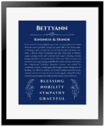 Bettyann custom name art with origin and history in deep blue with black matte frame