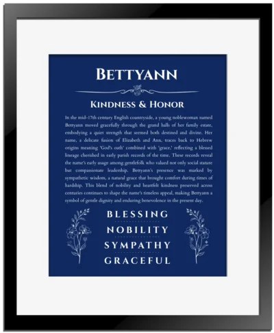 Bettyann custom name art with origin and history in deep blue with black matte frame