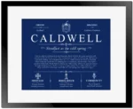 Caldwell surname history and heritage in Deep Blue with Black Matte Frame
