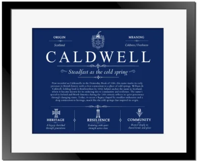 Caldwell surname history and heritage in Deep Blue with Black Matte Frame