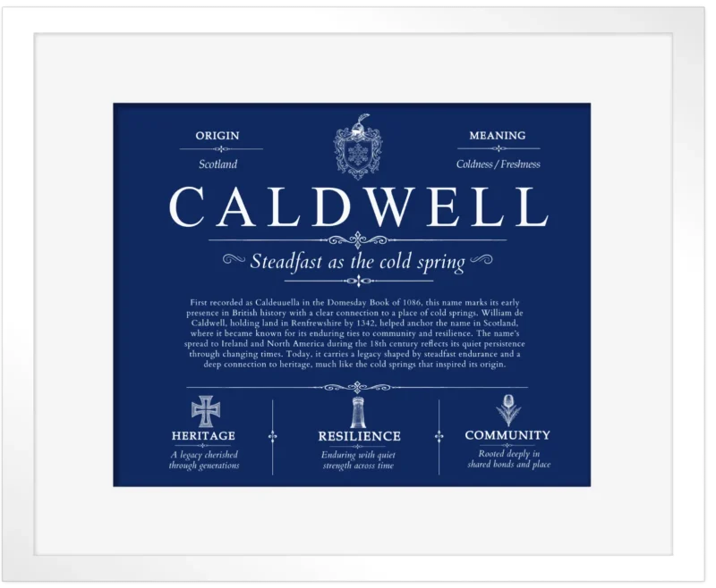 Caldwell surname history and heritage in Deep Blue with White Matte Frame