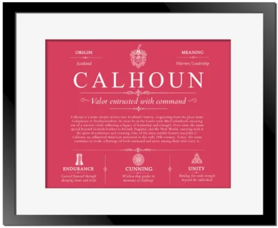 Calhoun family name heritage in Red with Black Matte Frame