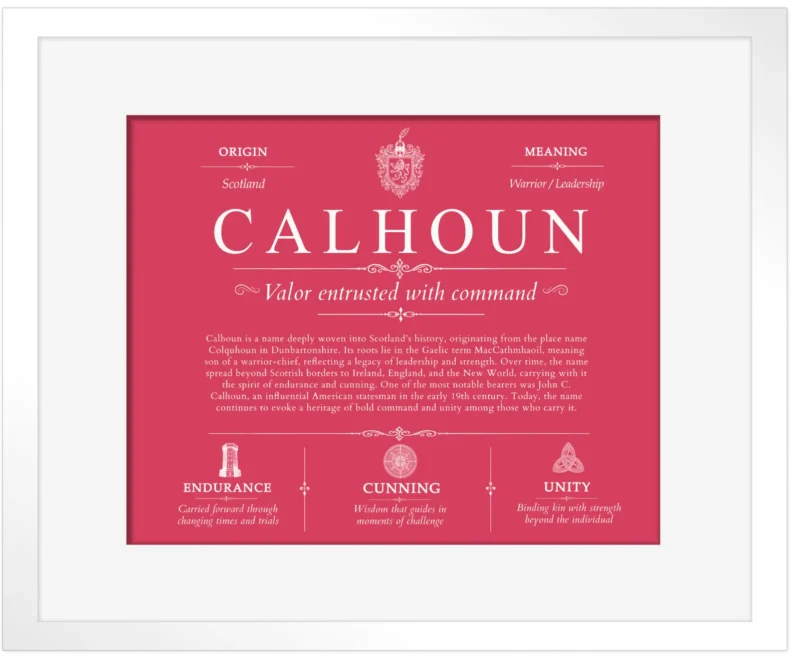 Calhoun family name heritage in Red with White Matte Frame