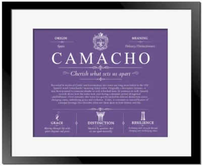 Camacho family name heritage in Purple with Black Matte Frame
