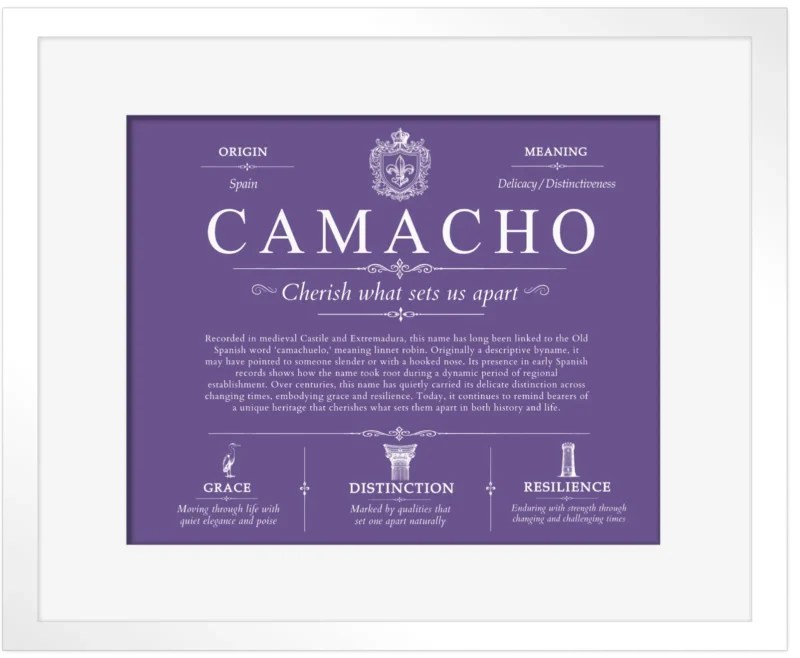 Camacho family name heritage in Purple with White Matte Frame