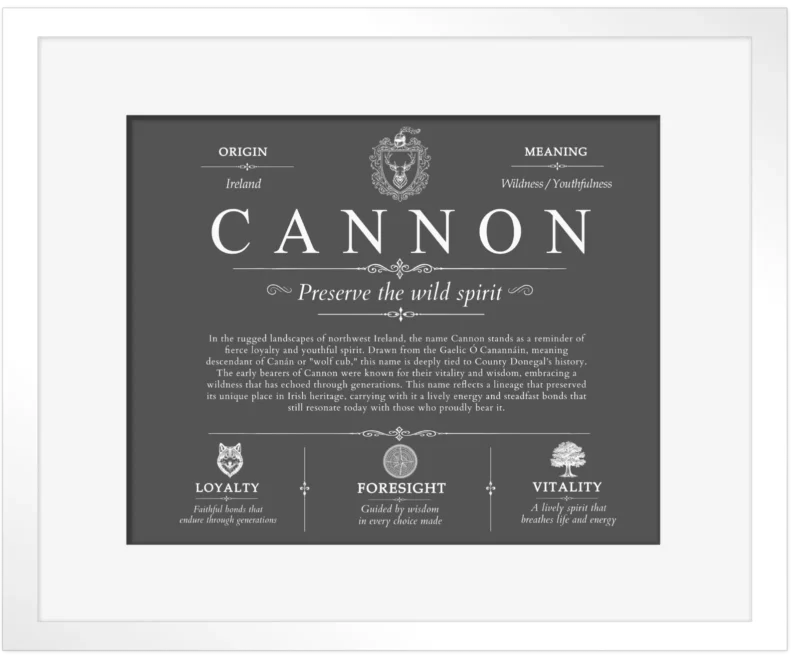 Cannon surname history and heritage in Gray with White Matte Frame