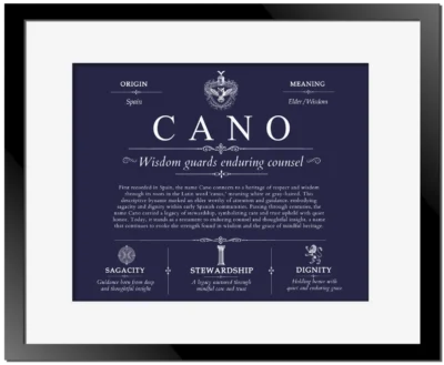 Cano surname history and family heritage in Navy Blue with Black Matte Frame