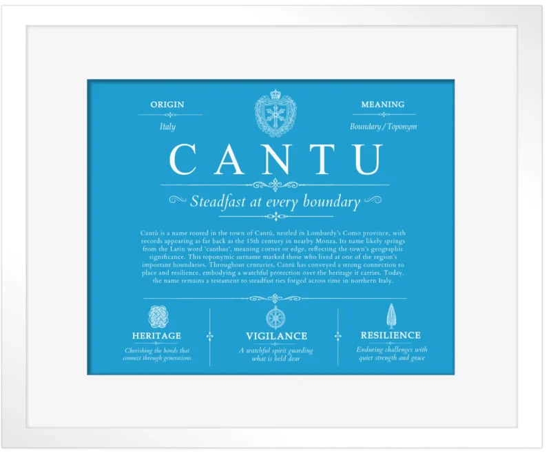 Cantu surname heritage and history in Blue with White Matte Frame