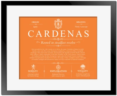 Cardenas last name meaning and origin in Orange with Black Matte Frame