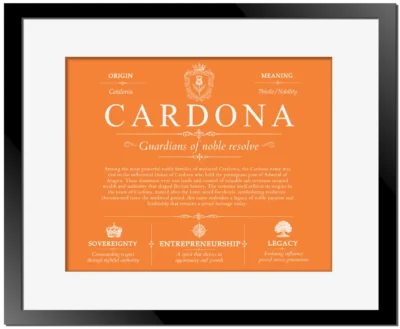 Cardona family name heritage in Orange with Black Matte Frame