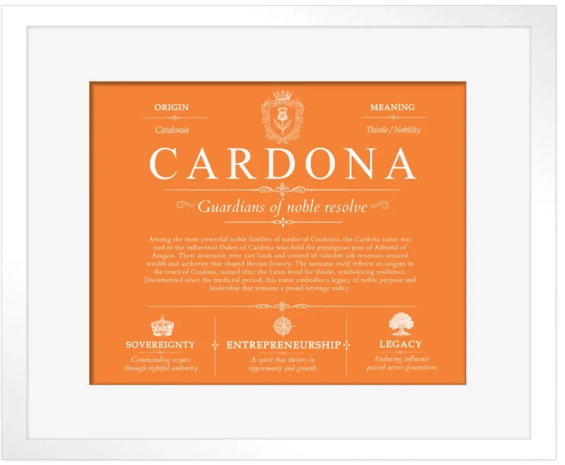 Cardona family name heritage in Orange with White Matte Frame