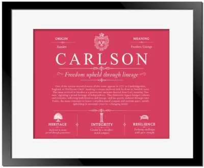 Carlson surname origin and history in Red with Black Matte Frame